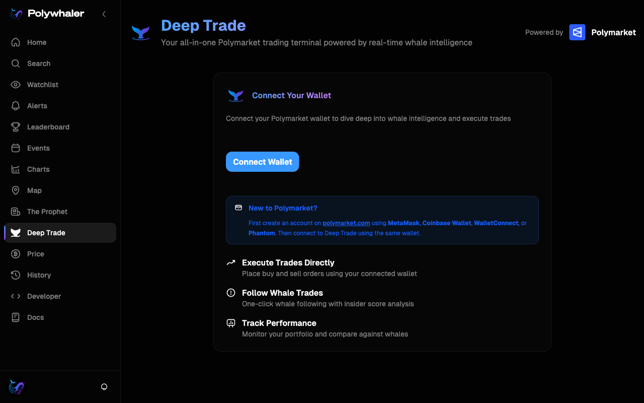 The Deep Trade Connect Your Wallet screen, with a single Connect Wallet button and supported wallets listed.