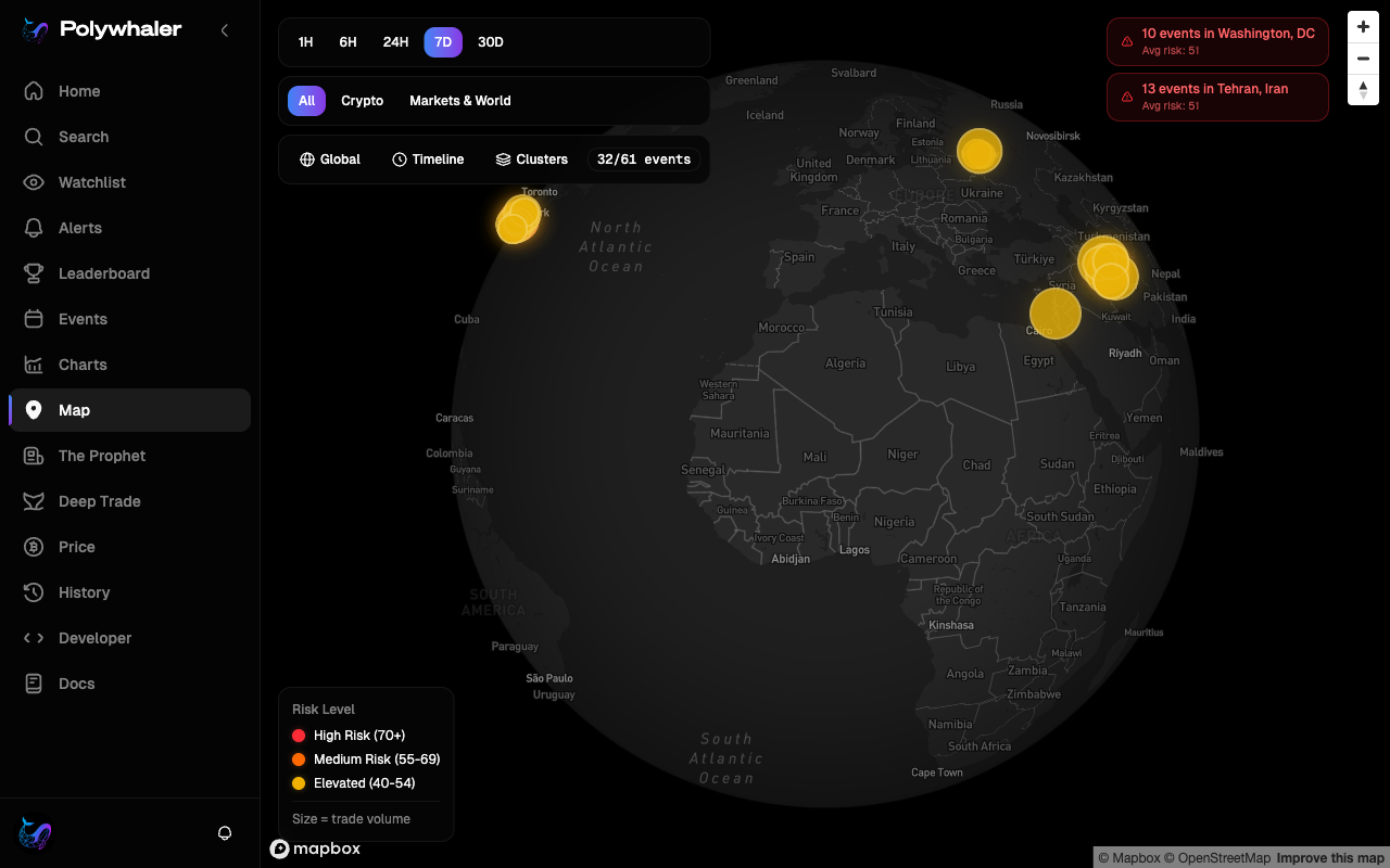 The Map page showing a globe view with clustered event markers around Tehran and Washington DC, time and category filters in the toolbar, and a risk-level legend in the corner.