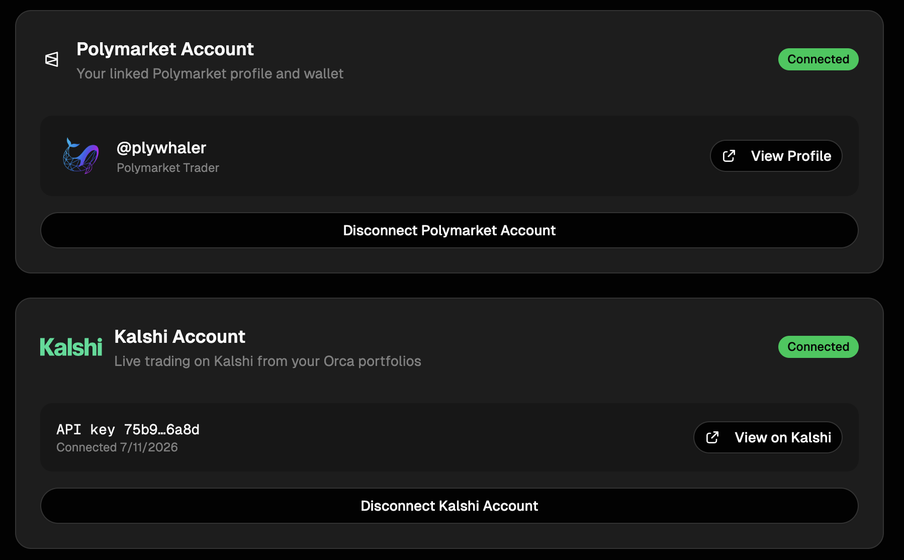 The account connections panel in Settings showing a Polymarket card and a Kalshi card, each with connection status and a Connect button.