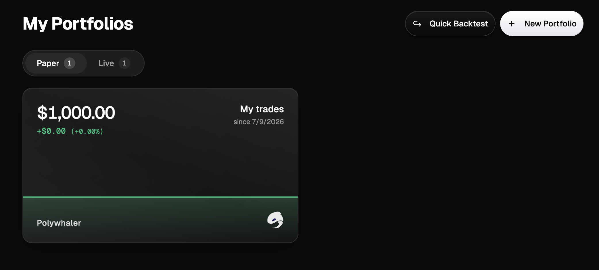Orca's My Portfolios page showing portfolio cards with an equity curve, total value, and return percentage on each, including one paper and one live portfolio.