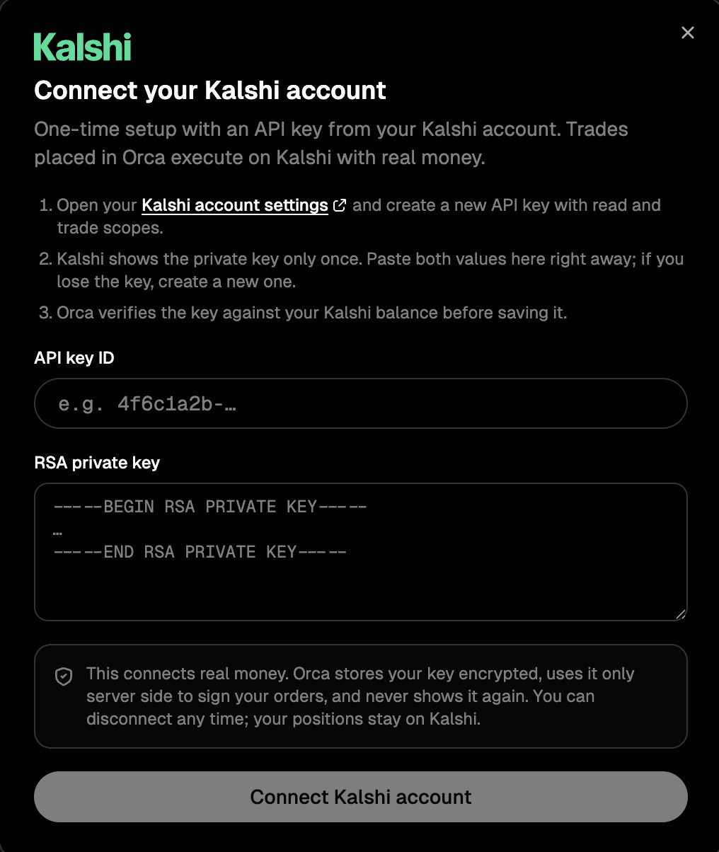 The Connect your Kalshi account dialog with fields for the API key ID and RSA private key, numbered setup steps, and a note explaining the key is stored encrypted.