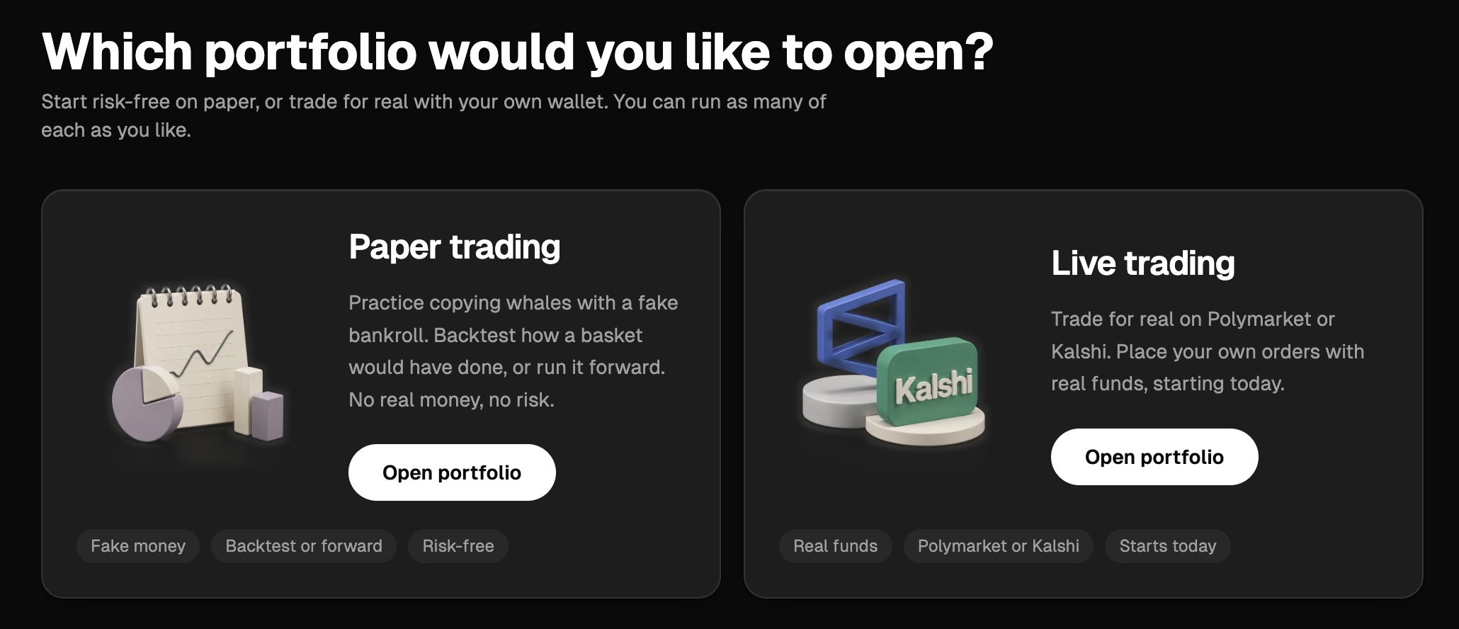 The New portfolio screen with two cards side by side: Paper trading and Live trading, each with a preview image and feature pills.