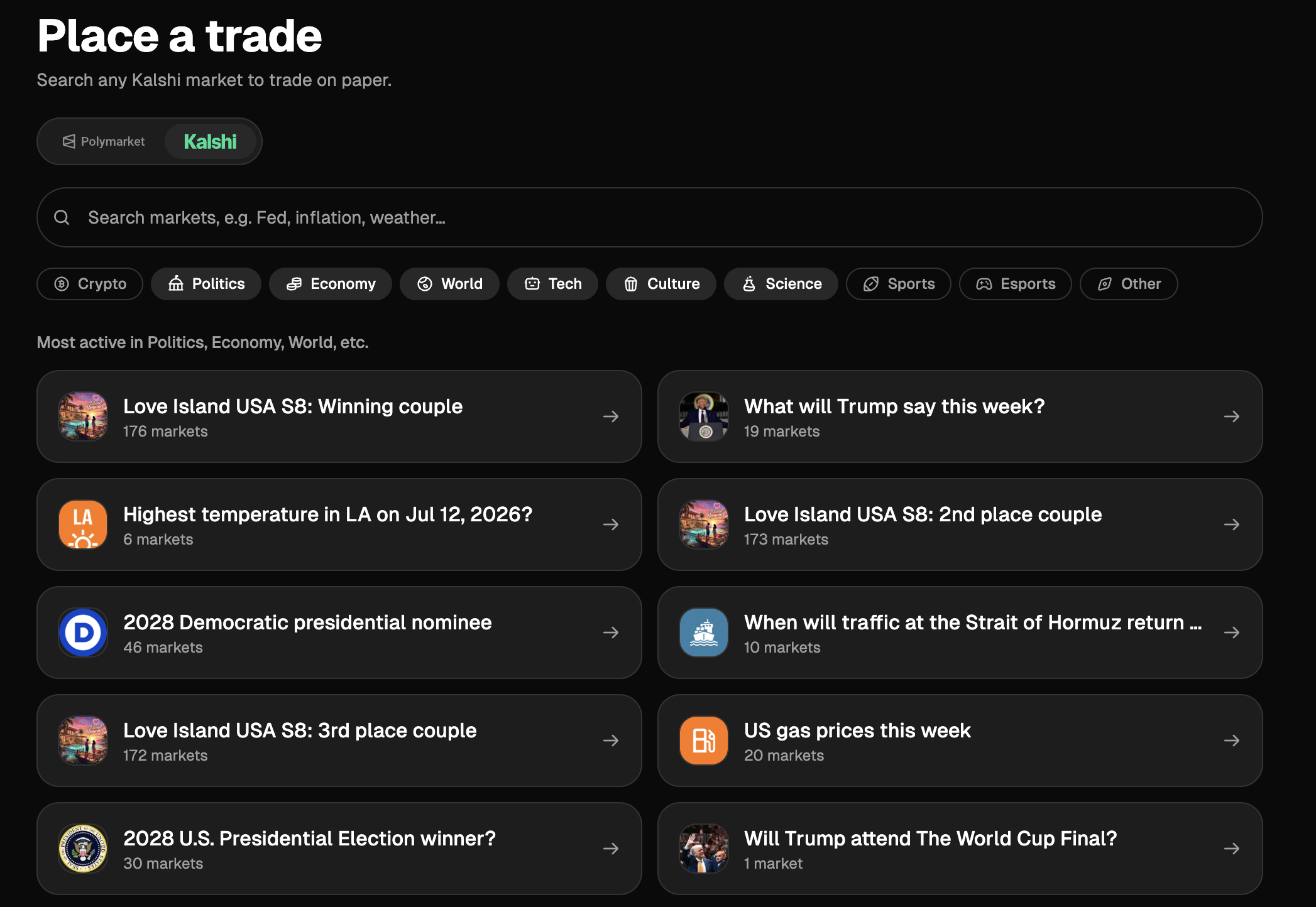 The trade picker showing the Polymarket/Kalshi venue toggle, a search box, category chips, and a grid of trending market cards with icons and prices.